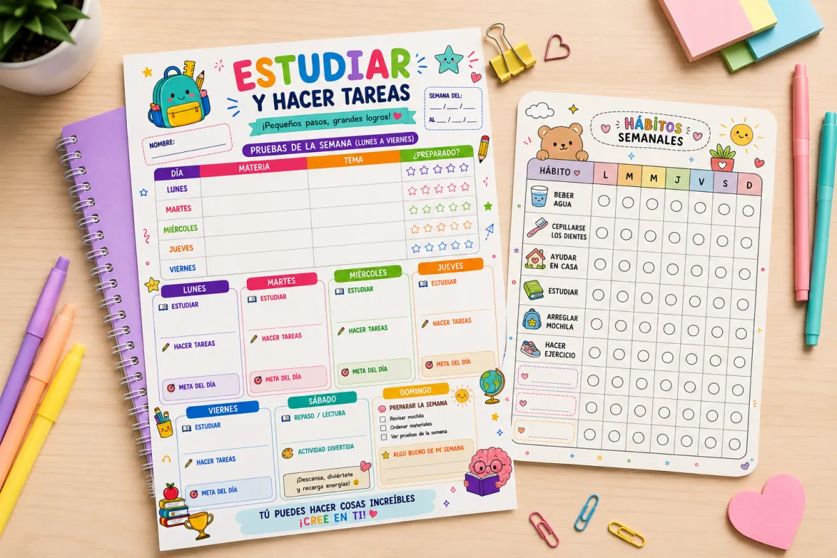 Planificador de estudio para niños + seguimiento de habitos